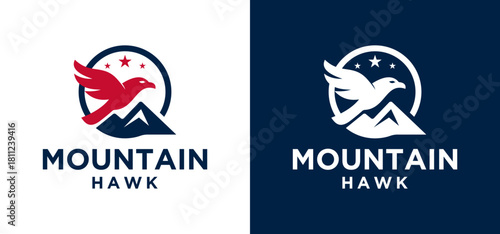 Eagle and mountain logo design. Vector icon of an eagle in the mountains in a circular shape.