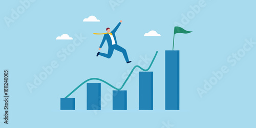 Businessman jumping over growth chart to reach the goal