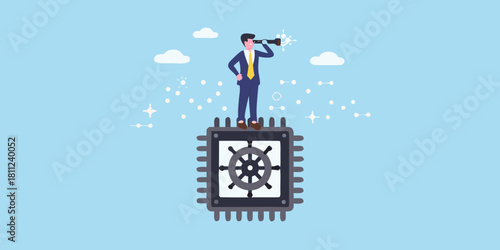 Businessman on chip with spyglass technology vision and future innovation