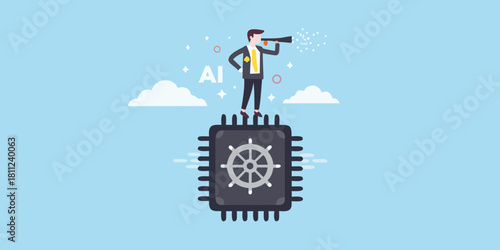 Ai visionary standing atop a kubernetes cluster looking through a spyglass