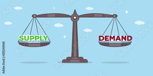 Supply and demand balance on scales economic concept illustration