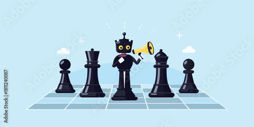 Robot king with megaphone leading chess pieces on a chessboard