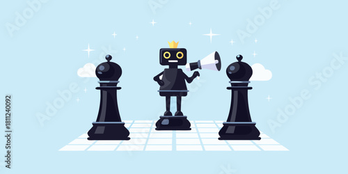 Robot with megaphone stands between chess pieces on chessboard