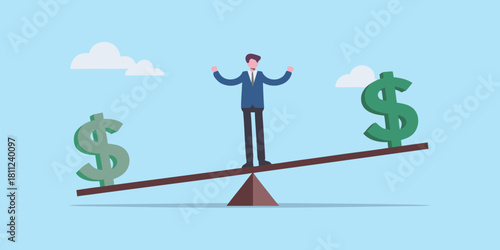 Businessman balancing on a seesaw with dollar signs financial stability