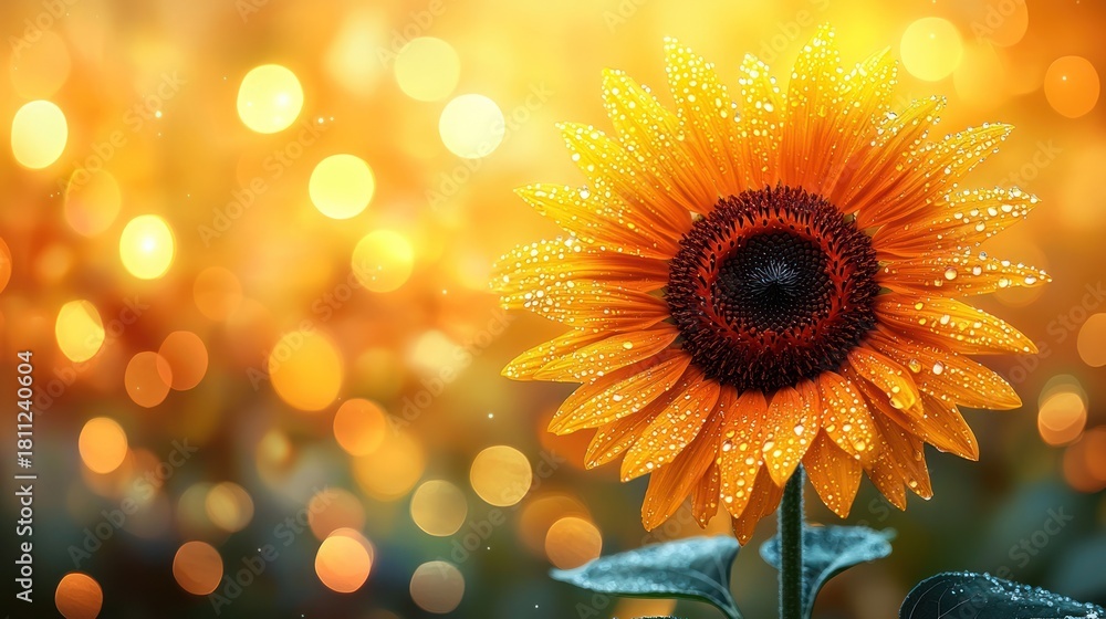 Fototapeta premium Bright sunflower blooms, covered in water droplets, on warm, bokeh-lit background