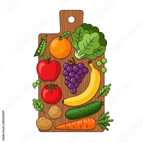 A wooden cutting board displaying a variety of fresh fruits and vegetables.