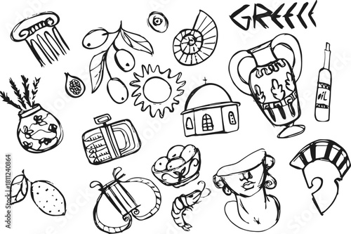A charming hand-drawn collection of Greek icons — olives, amphorae, temples, and seafood — capturing the spirit of Mediterranean culture. Perfect for travel themes, culinary designs, or historical mot