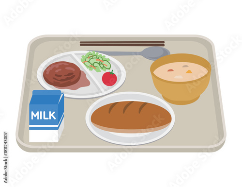 給食　ハンバーグ　シチュー　コッペパン　牛乳　イラスト