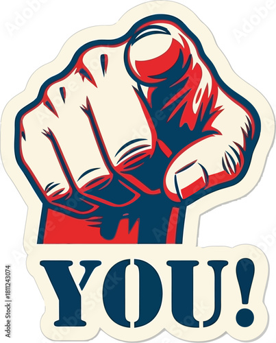 A retro propaganda poster style hand pointing forward with the word you for recruitment.

