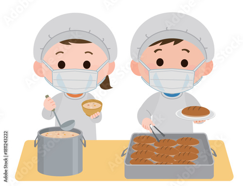 給食当番で盛り付ける女の子と女の子　マスク装着　イラスト