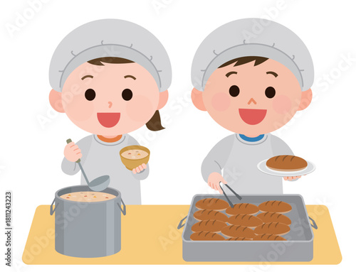 給食当番で盛り付ける女の子と女の子　イラスト