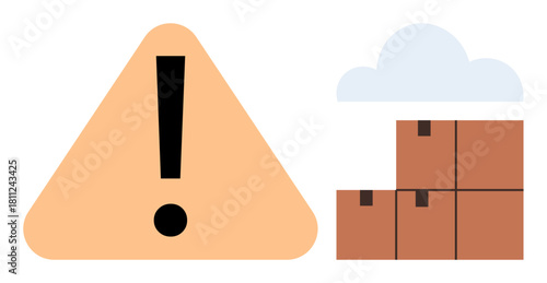 Large triangular warning sign with exclamation mark beside stacked cardboard boxes and cloud. Ideal for shipping, logistics, caution, storage, weather risks, delivery safety, simple flat metaphor