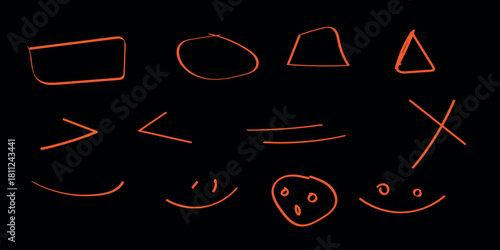 Collection of handdrawn red neon doodle shapes and symbols including geometric forms, mathematical signs, and expressive faces on a dark background