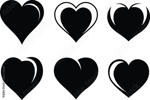 Six Black Heart Icons With Subtle White Highlights symbol love