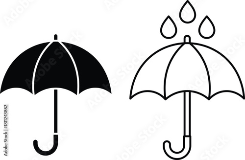 Black silhouette and outline umbrella with raindrops icon protection weather
