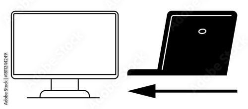 Technology transition. Desktop computer and laptop icons with an arrow the evolution of devices. Technology signaling innovation and modern working environments. For digital transformation, progress