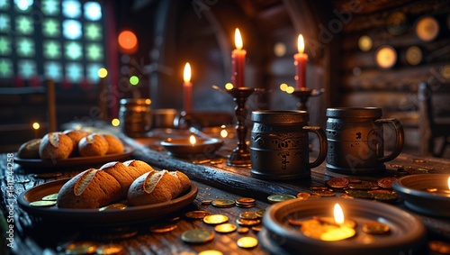close-up 3d render of a wooden tavern table with mugs, bread, candles and scattered coins. detailed medieval fantasy still life with warm lantern lighting.