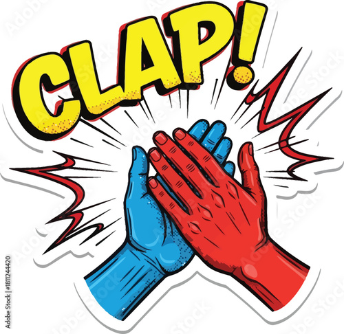 A comic book style illustration of two hands clapping with the word clap for applause and appreciation.

