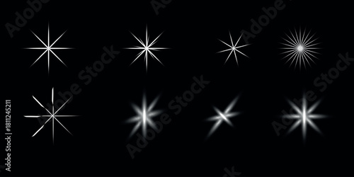 Various white starbursts, light flares, and lens flare effects on, perfect for overlays and graphic design