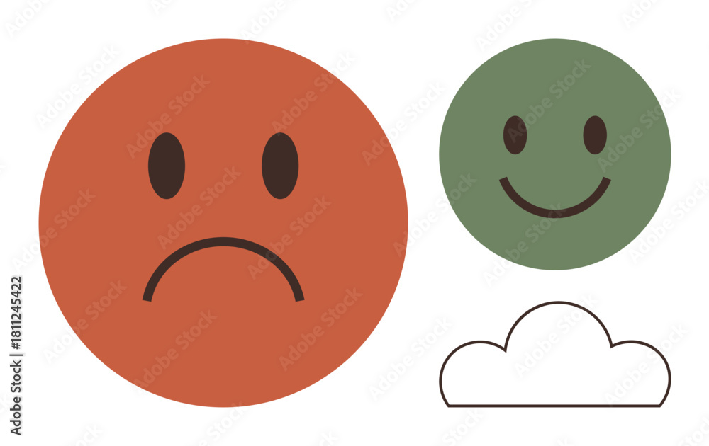 Fototapeta premium Large red sad face, smaller green happy face, and outlined cloud shape illustrating emotional contrasts. Ideal for mental health, emotions, therapy, moods, balance, decision-making simple flat