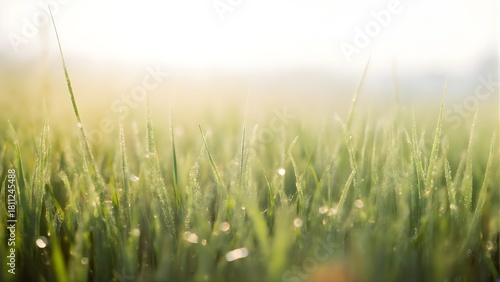 Sparkling dew drops on fresh green grass bathed in soft morning sunlight, natural bokeh background