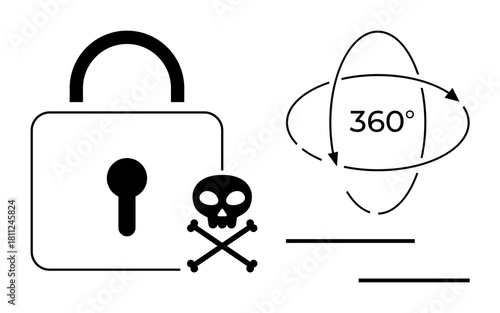 Padlock with keyhole paired with skull and crossbones for security risks circular 360-degree symbol representing comprehensive protection. Ideal for safety, awareness, protection, data security, IT