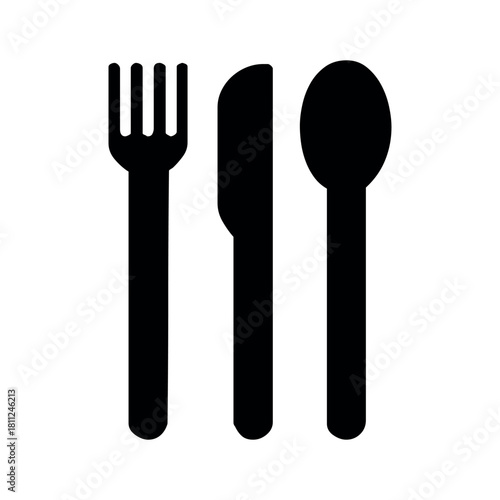 Black and white image of a fork knife and spoon in a row on a plain white background simple design