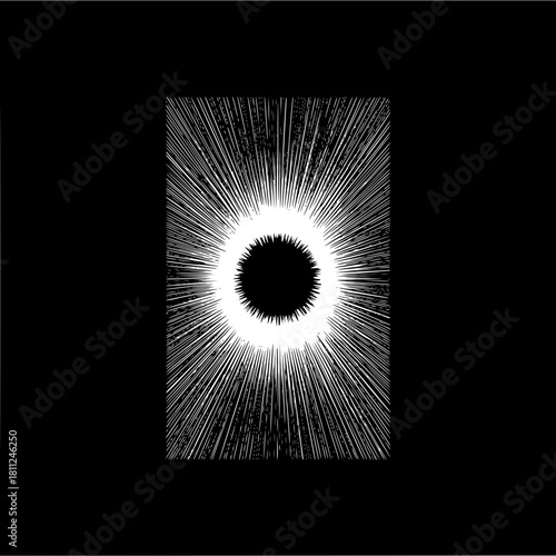 Abstract black hole illustration with radiating light rays for science and space concepts design art