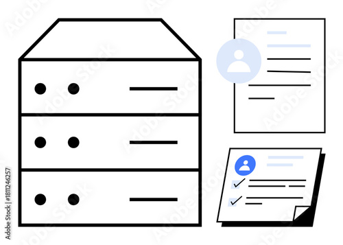 Server rack, user profile document, and checklist emphasizing data organization, storage, and access. Ideal for IT systems, database management, cloud computing, digital storage recordkeeping user