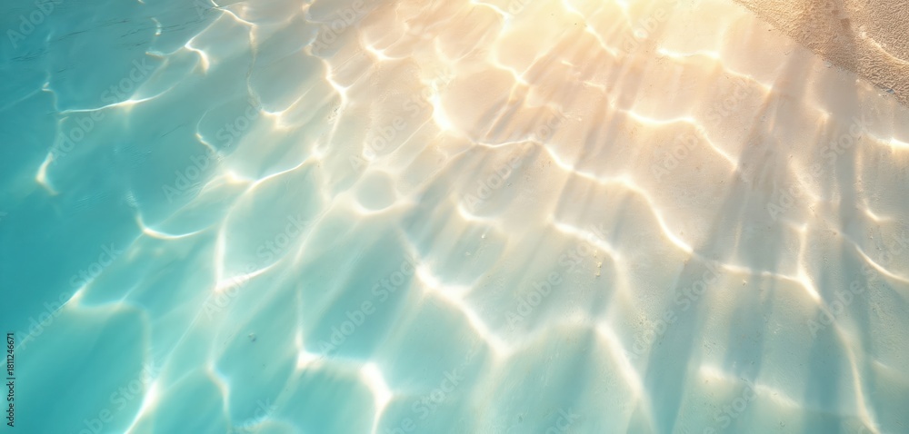 Fototapeta premium Clear turquoise ocean water ripples with sun rays on sandy beach below. Gentle waves create natural abstract pattern on shallow sea surface. Summer holiday background.