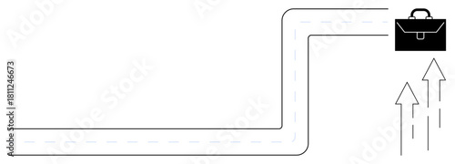 Curved road ending at a briefcase with upward arrows symbolizing career progression, business goals, and success. Ideal for growth, opportunity, strategy, achievement, advancement, business planning
