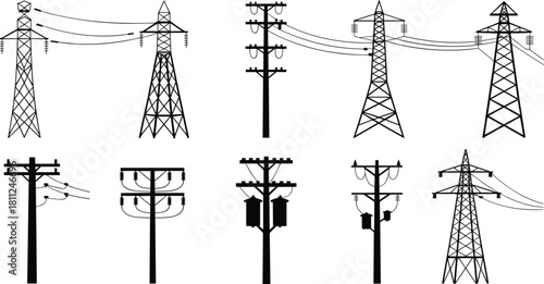 Electric power transmission towers collection, high voltage pylon vector icons, electricity pole silhouettes, wire distribution network, industrial energy infrastructure