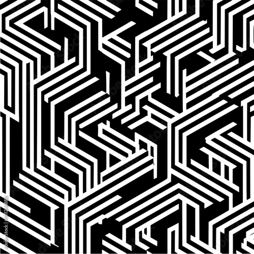 Abstract geometric pattern optical illusion vector design black and white maze background seamless texture art print