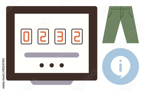 Digital screen displaying counter numbers with green pants and an info bubble. Ideal for retail analytics, inventory tracking, e-commerce, clothing stores, counting tools, data visualization, simple