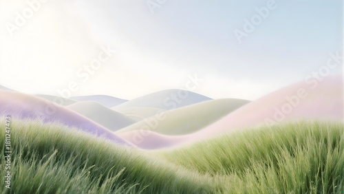 Sparkling dew drops on fresh green grass bathed in soft morning sunlight, natural bokeh background