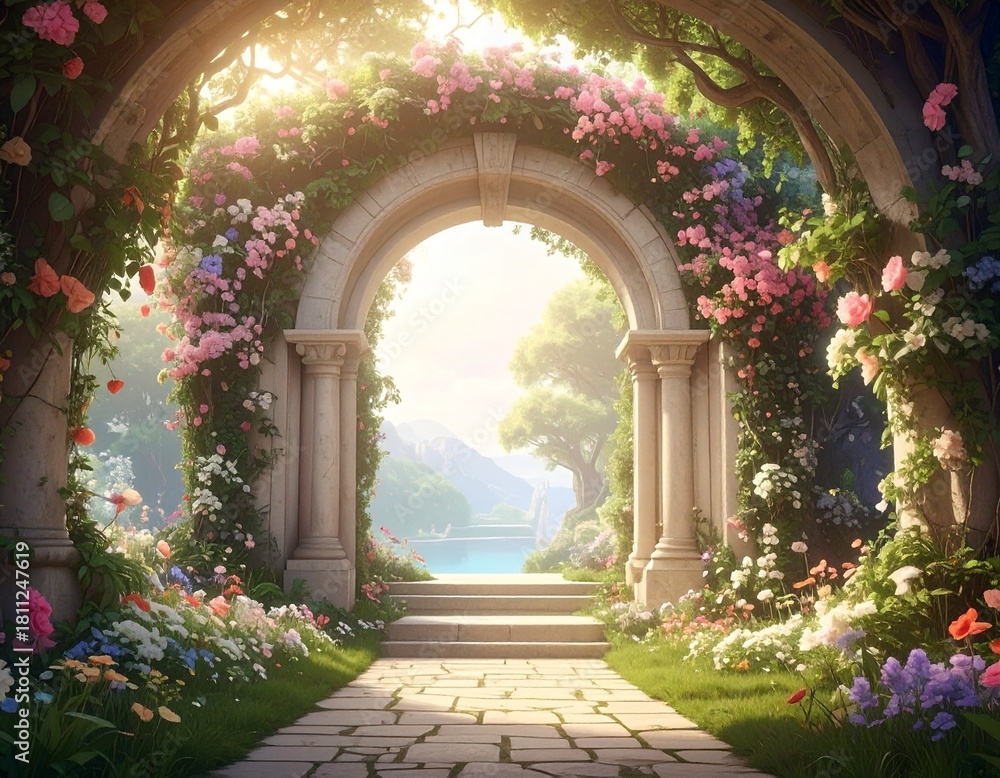 Fototapeta premium Beautiful dreamy landscape Archway in an enchanted garden, can be used as background 
