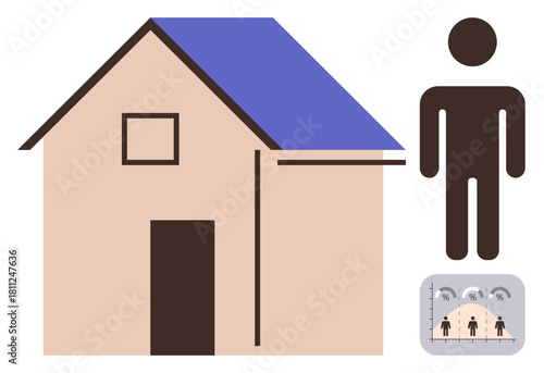 House with blue roof and door, person figure beside, and a small population statistics chart. Ideal for housing, demographics, statistics, real estate, architecture, population growth community
