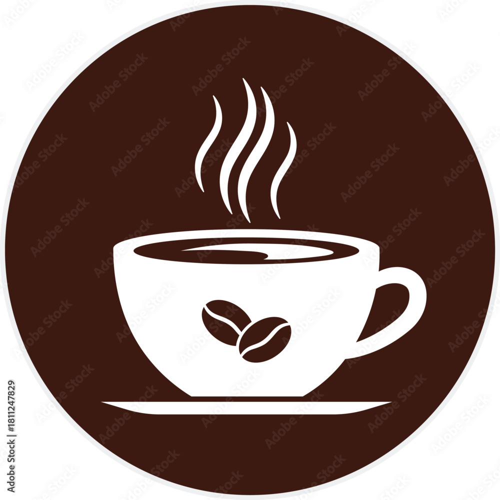 Obraz premium White coffee cup with steam and beans on brown circle background hot beverage coffee beans