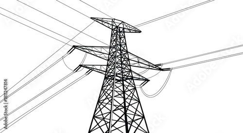 High voltage transmission tower wireframe, electricity pylon vector illustration, industrial power line infrastructure, energy grid engineering blueprint design concept