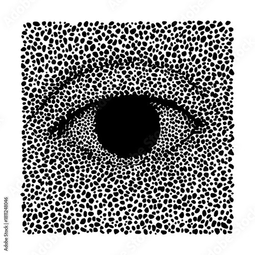 Eye illustration optical illusion black and white art drawing eye detail vision sight dotted pattern design 100 char
