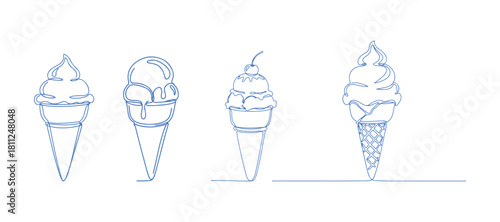 Hand-drawn ice cream depicted in one unbroken line, simple continuous vector outline.

