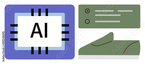 AI microchip, text box interface, and shoe representing innovation in footwear design. Ideal for technology, customization, artificial intelligence, product development, smart devices, innovation
