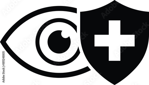 Black and white icon of an eye protected by a shield with a cross protection safety