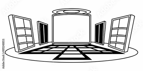 Illustration of a stage setup with a screen, speakers, and a grid floor in black and white style