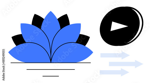 Blue lotus flower and play button with arrows in motion, evoking themes of mindfulness, learning, balance, calmness, spiritual growth, creativity, and progress. Ideal for simple flat metaphor