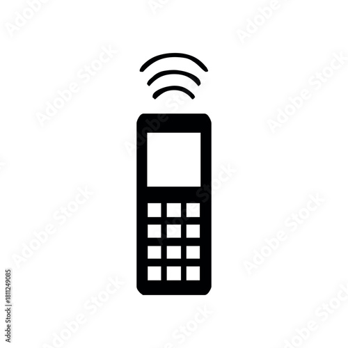 A black and white vector graphic of a cellular phone with signal waves emanating from the top of it