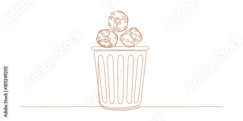 Single continuous line illustration of a garbage bin holding a dice. Minimalist thin-line vector concept with creative contour design.