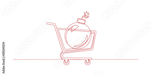 Single continuous line illustration of a shopping cart containing a bomb. Minimalist thin-line vector concept. Creative contour drawing.