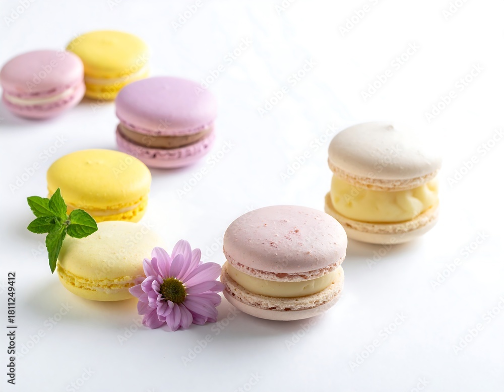 Obraz premium Colorful macarons arranged with mint leaves and a pink flower on a white surface