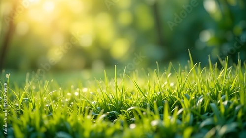 Sparkling dew drops on fresh green grass bathed in soft morning sunlight, natural bokeh background